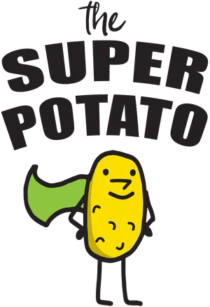 The Super Potato: a smiling cartoon potato in a green cape, under the words 'the Super Potato'.