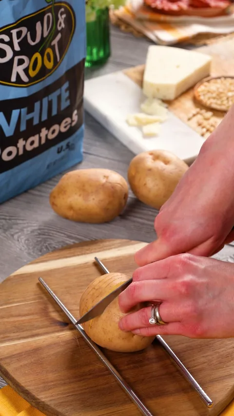 A knife cutting down through a white potato that lies between two chopsticks on a wooden board.
