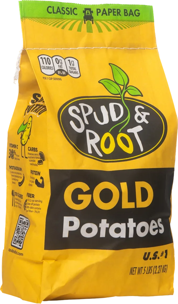 A 5 lb classic paper bag of Spud & Root Gold Potatoes.
